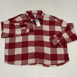 NWT Womens Plus Size Rue + Flannel Red Cream Plaid Shirt Size 2X Raw Edge